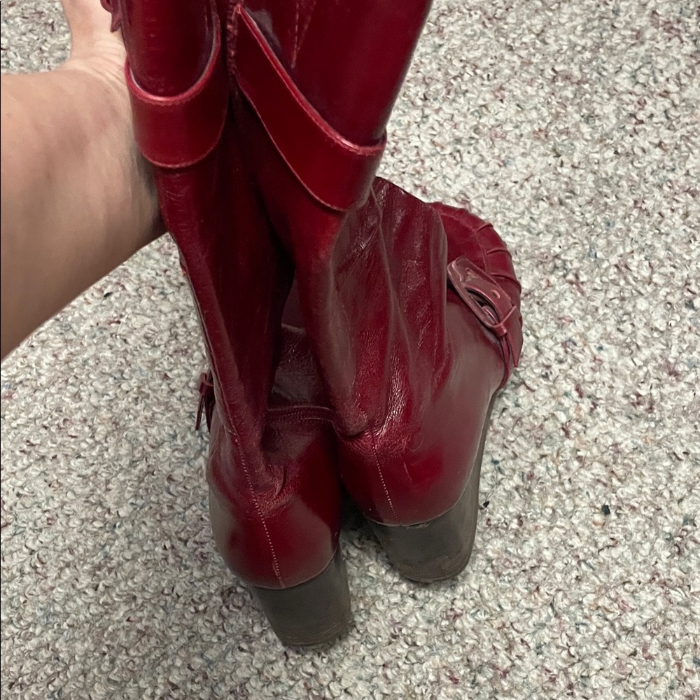 Miz mooz broadway red leather wedge heel boots with buckle strap accent - Picture 8 of 10